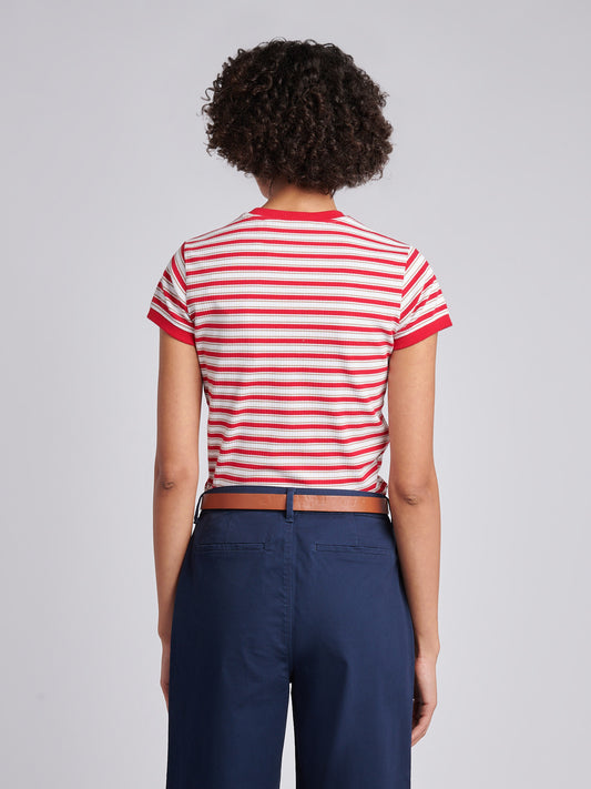 Womens Stripe Rib T-Shirt in Jalapeno Red