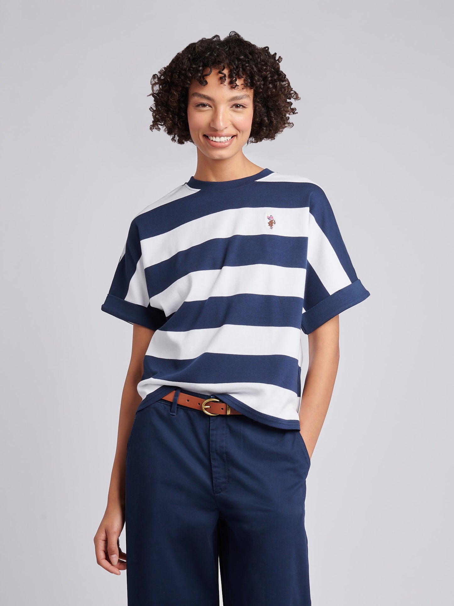 Womens Large Stripe Grown On Sleeve T-Shirt in Navy Iris