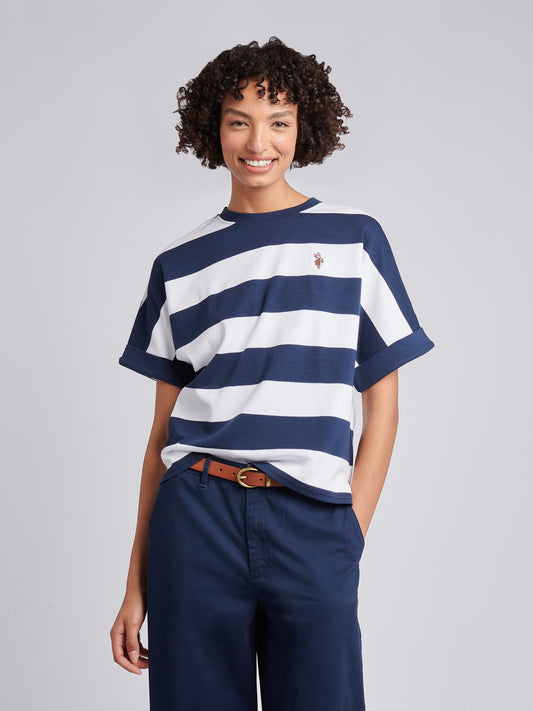 Womens Large Stripe Grown On Sleeve T-Shirt in Navy Iris