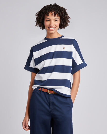 Womens Large Stripe Grown On Sleeve T-Shirt in Navy Iris