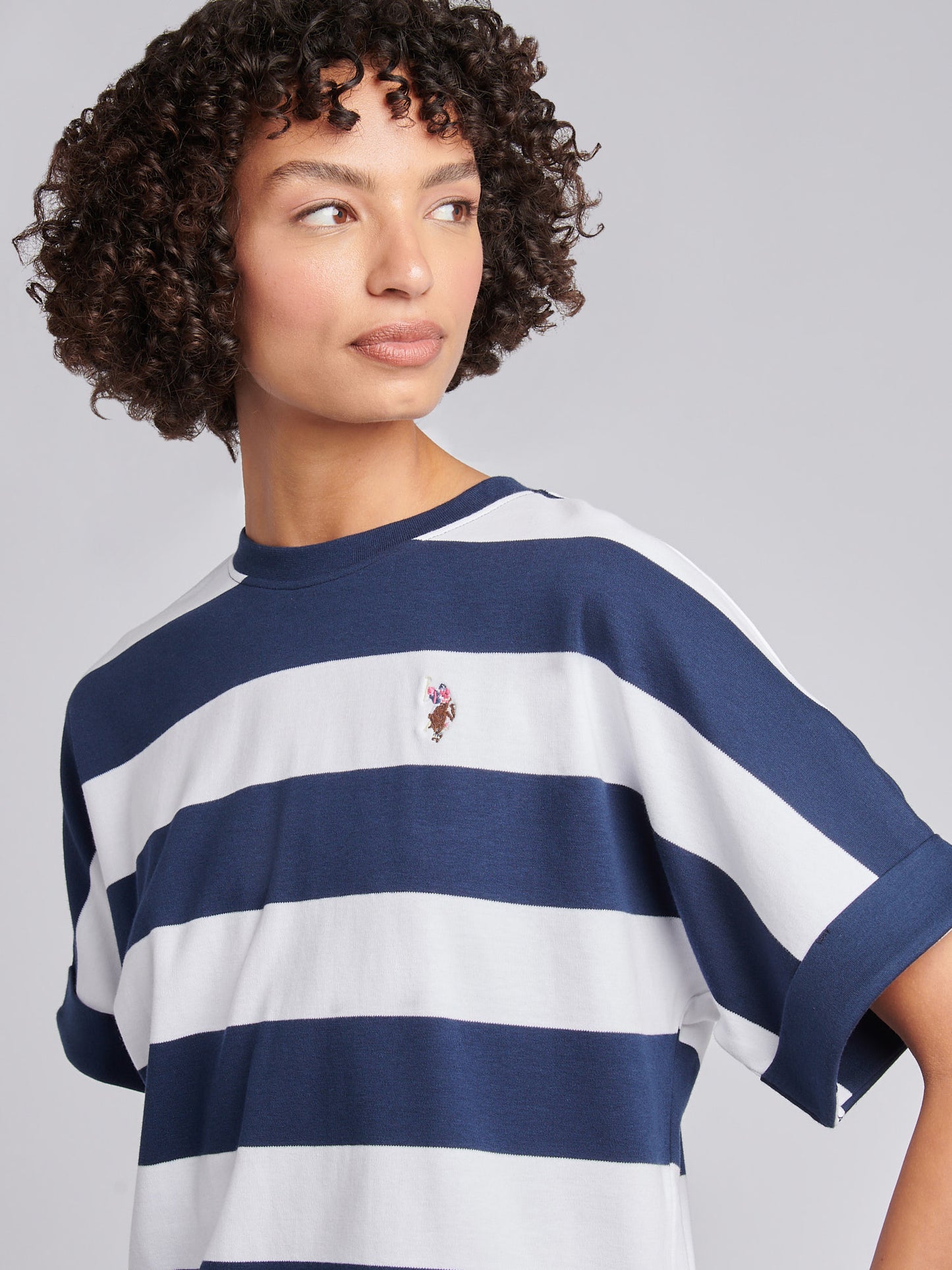 Womens Large Stripe Grown On Sleeve T-Shirt in Navy Iris