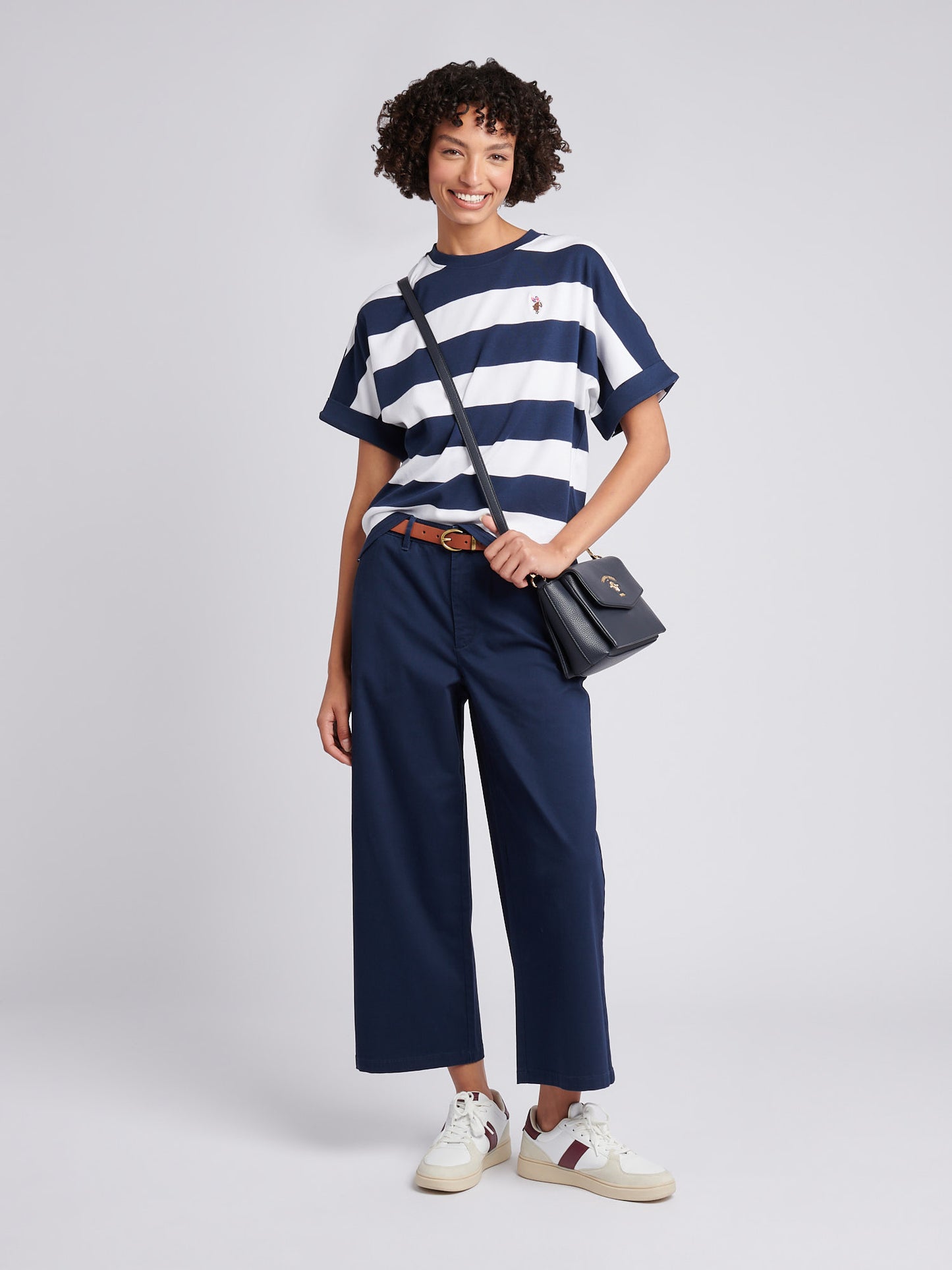 Womens Large Stripe Grown On Sleeve T-Shirt in Navy Iris