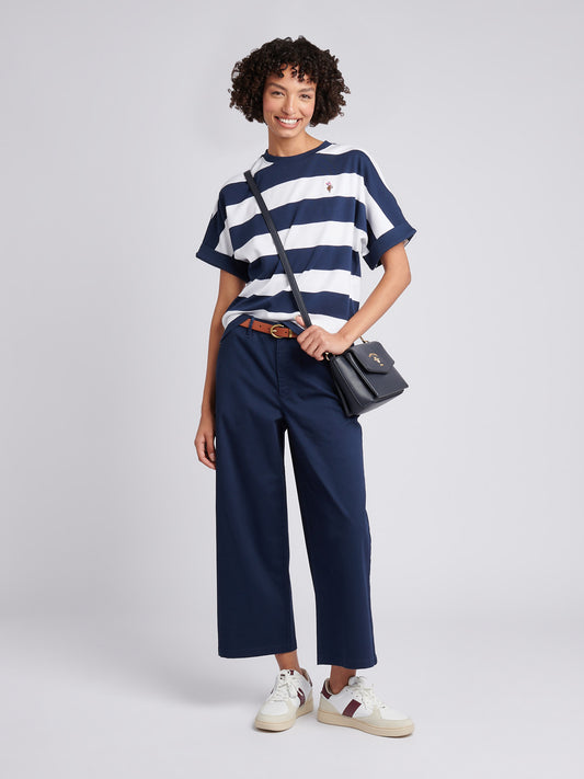 Womens Large Stripe Grown On Sleeve T-Shirt in Navy Iris