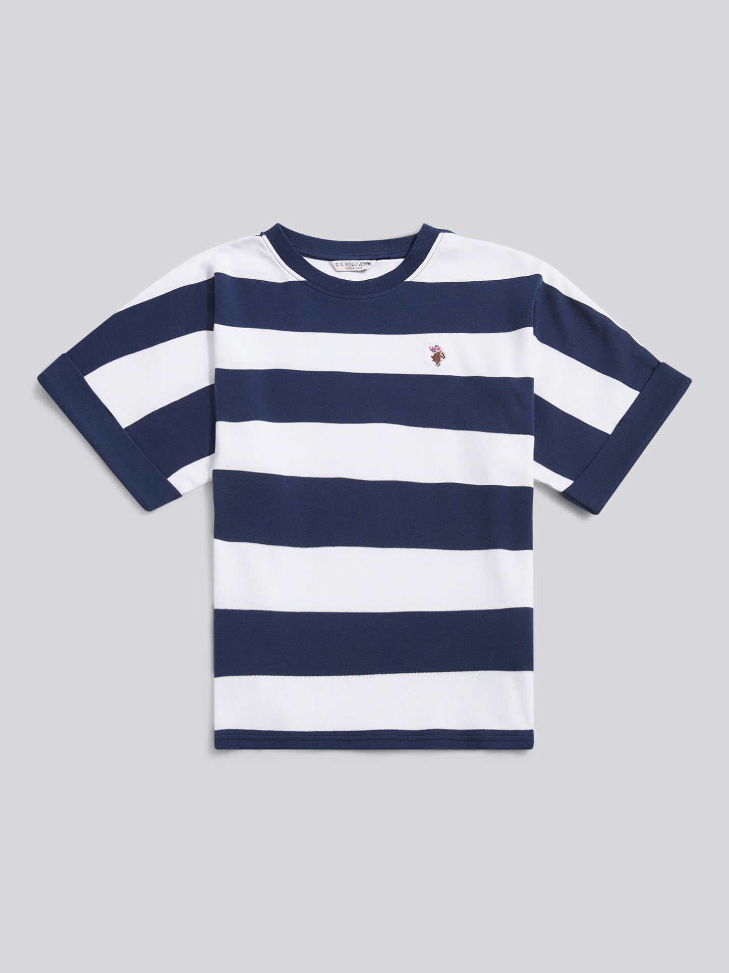 Womens Large Stripe Grown On Sleeve T-Shirt in Navy Iris
