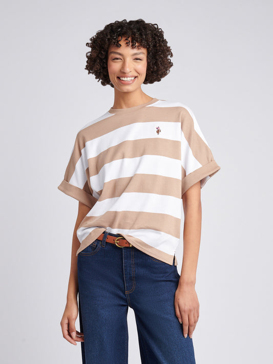 Womens Large Stripe Grown On Sleeve T-Shirt in Natural