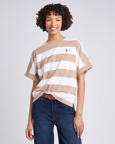 Womens Large Stripe Grown On Sleeve T-Shirt in Natural