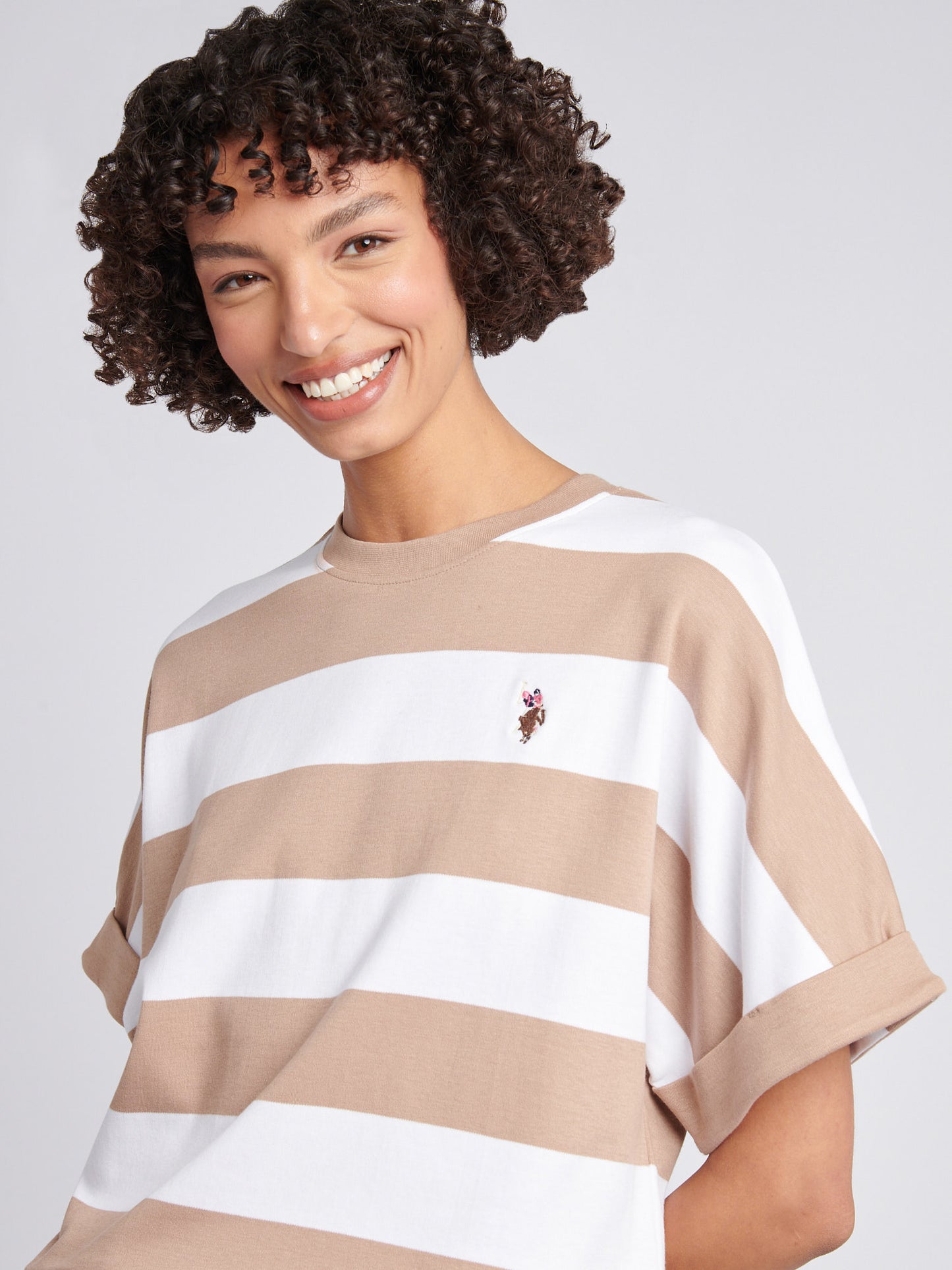 Womens Large Stripe Grown On Sleeve T-Shirt in Natural