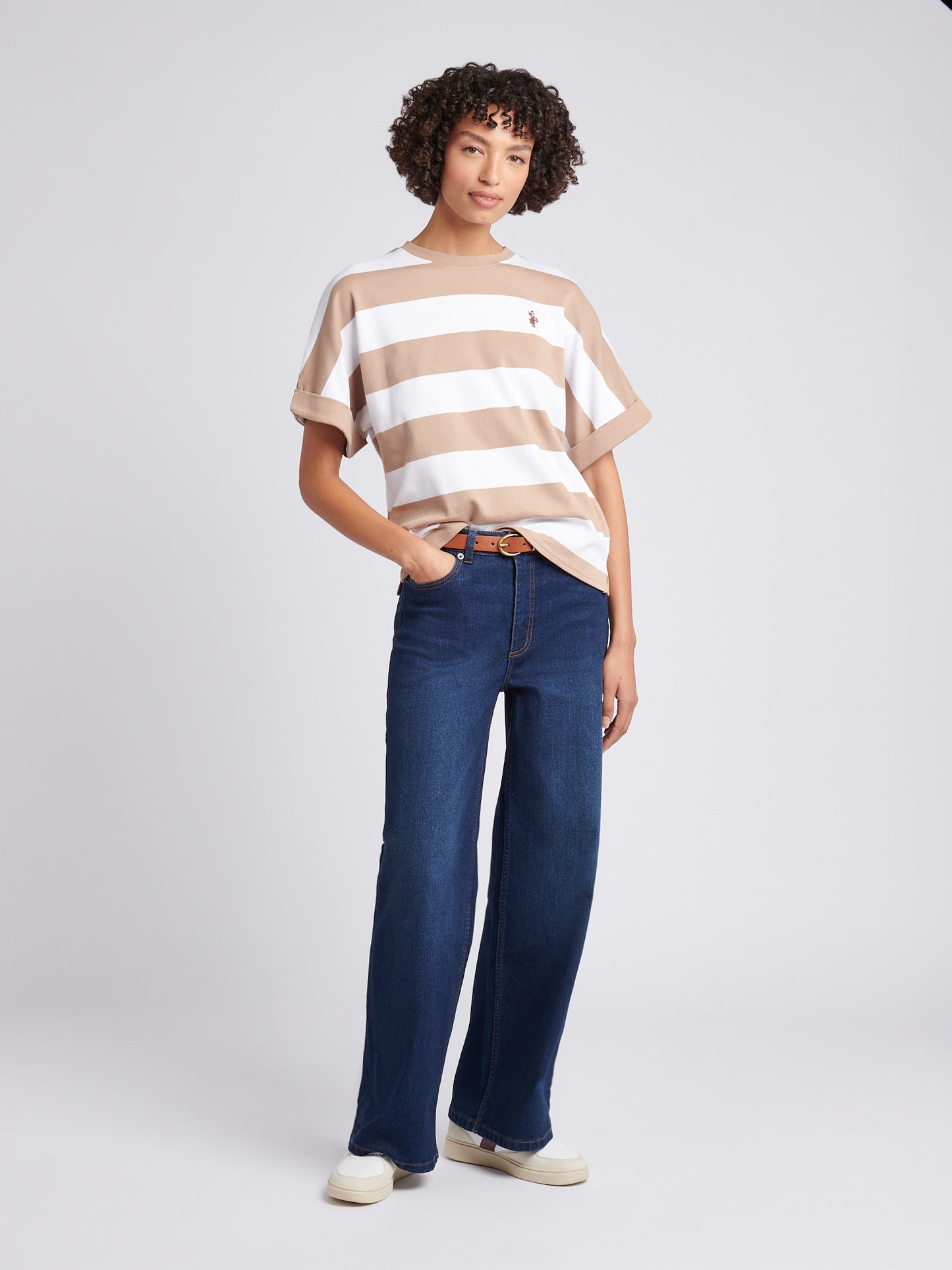 Womens Large Stripe Grown On Sleeve T-Shirt in Natural