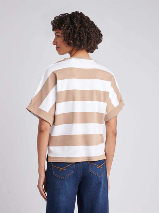 Womens Large Stripe Grown On Sleeve T-Shirt in Natural