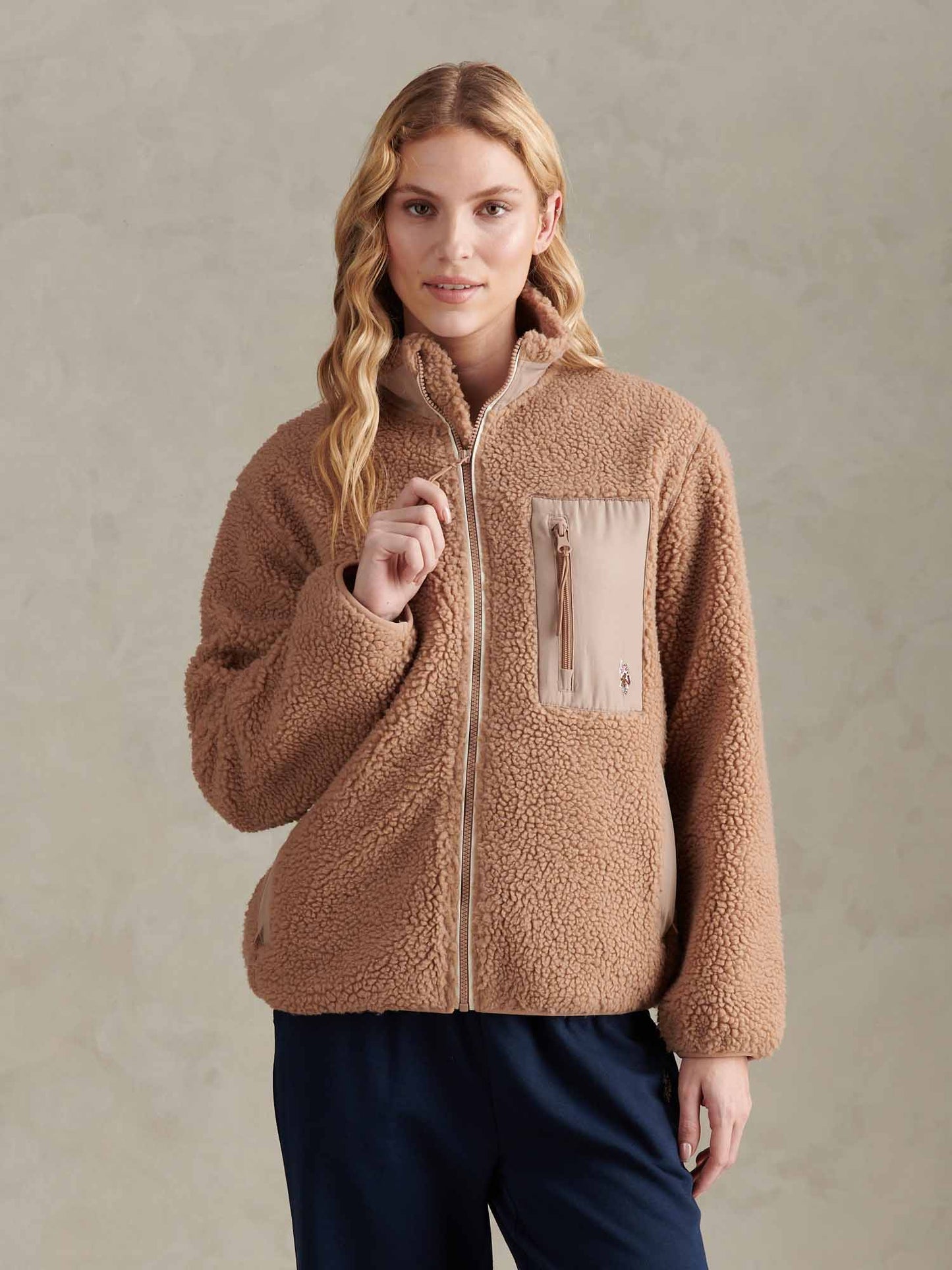 Womens Double Horsemen Borg Zip Funnel in Natural