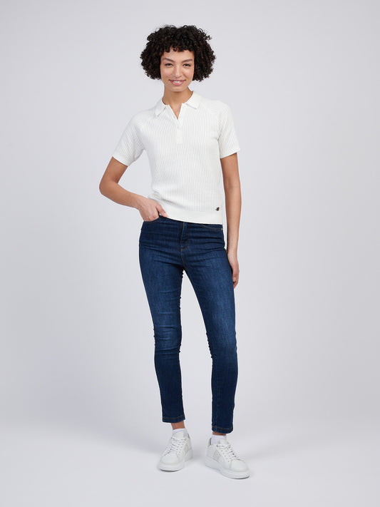 Womens Vertical Texture Stripe Knit Polo in Marshmallow