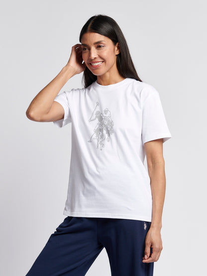 Womens Double Horsemen Print Crew Neck T-Shirt in Bright White