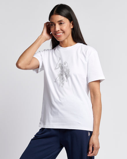 Womens Double Horsemen Print Crew Neck T-Shirt in Bright White