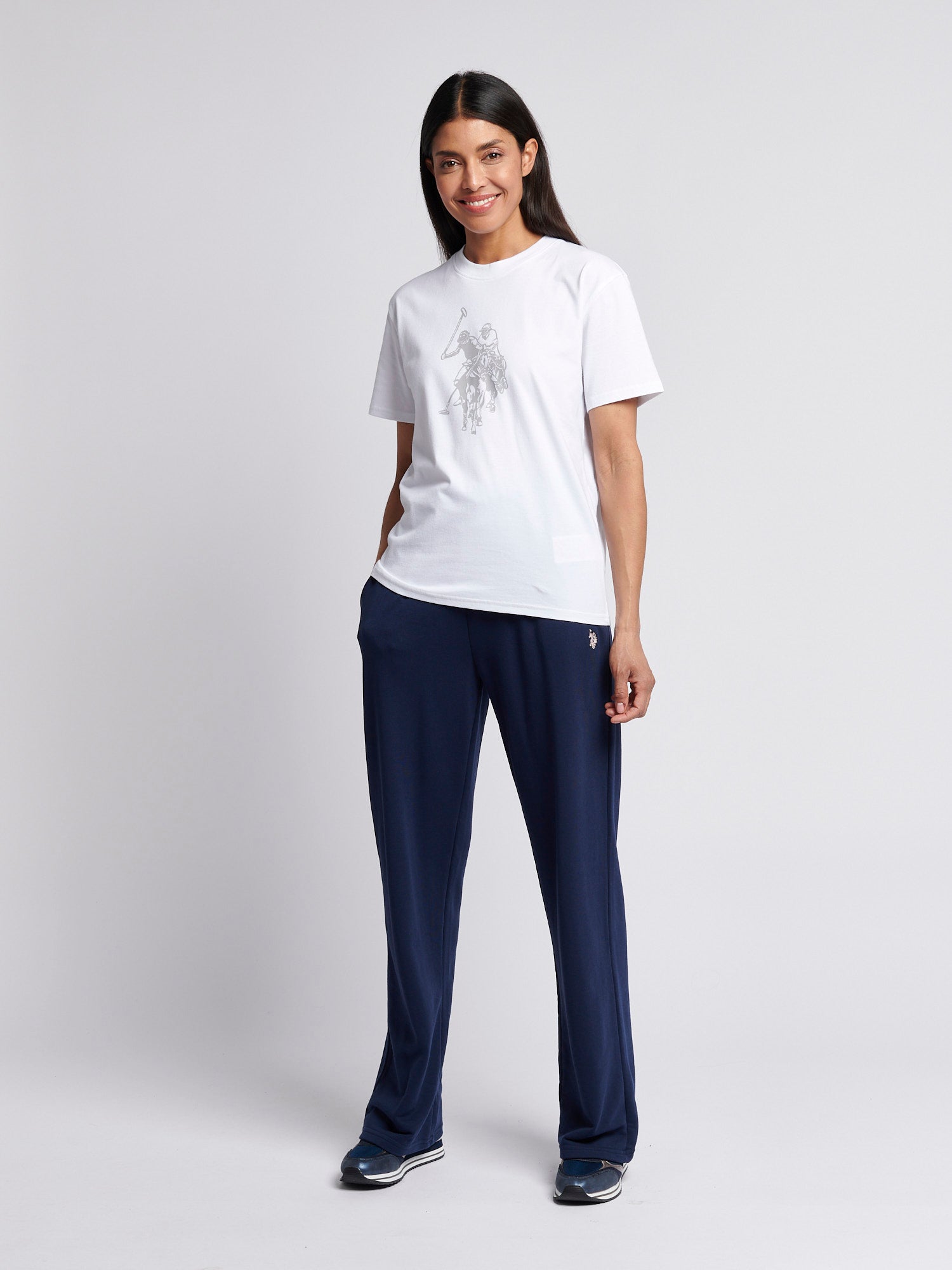 Womens Double Horsemen Print Crew Neck T-Shirt in Bright White