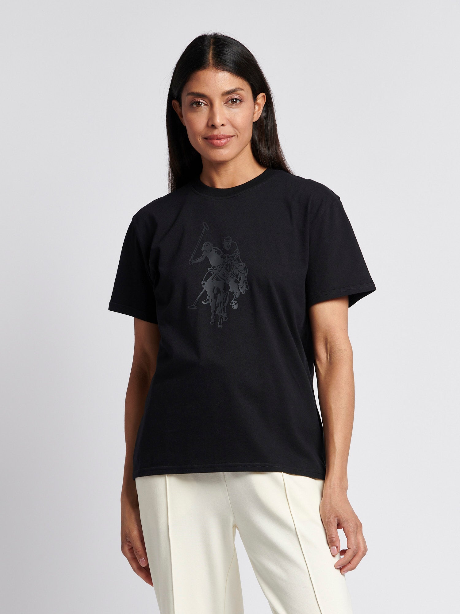 Womens Double Horsemen Print Crew Neck T-Shirt in Black