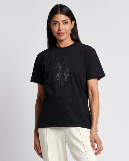 Womens Double Horsemen Print Crew Neck T-Shirt in Black