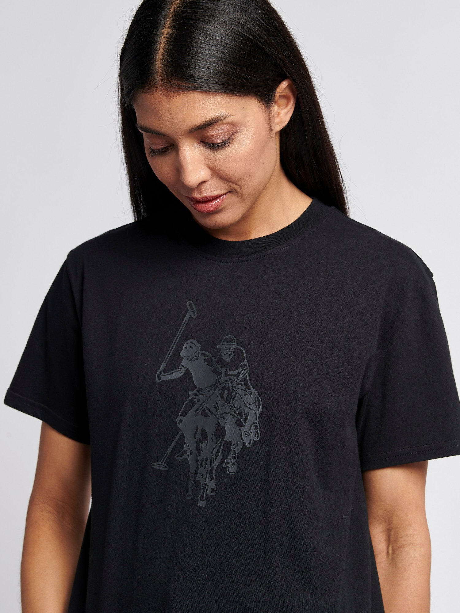 Womens Double Horsemen Print Crew Neck T-Shirt in Black