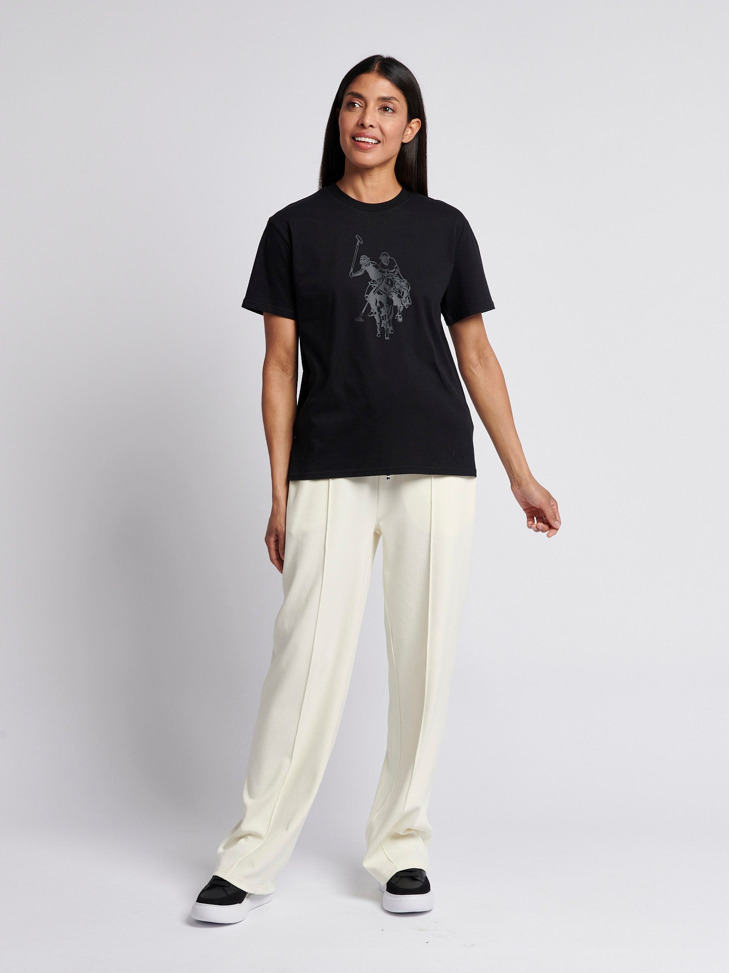 Womens Double Horsemen Print Crew Neck T-Shirt in Black