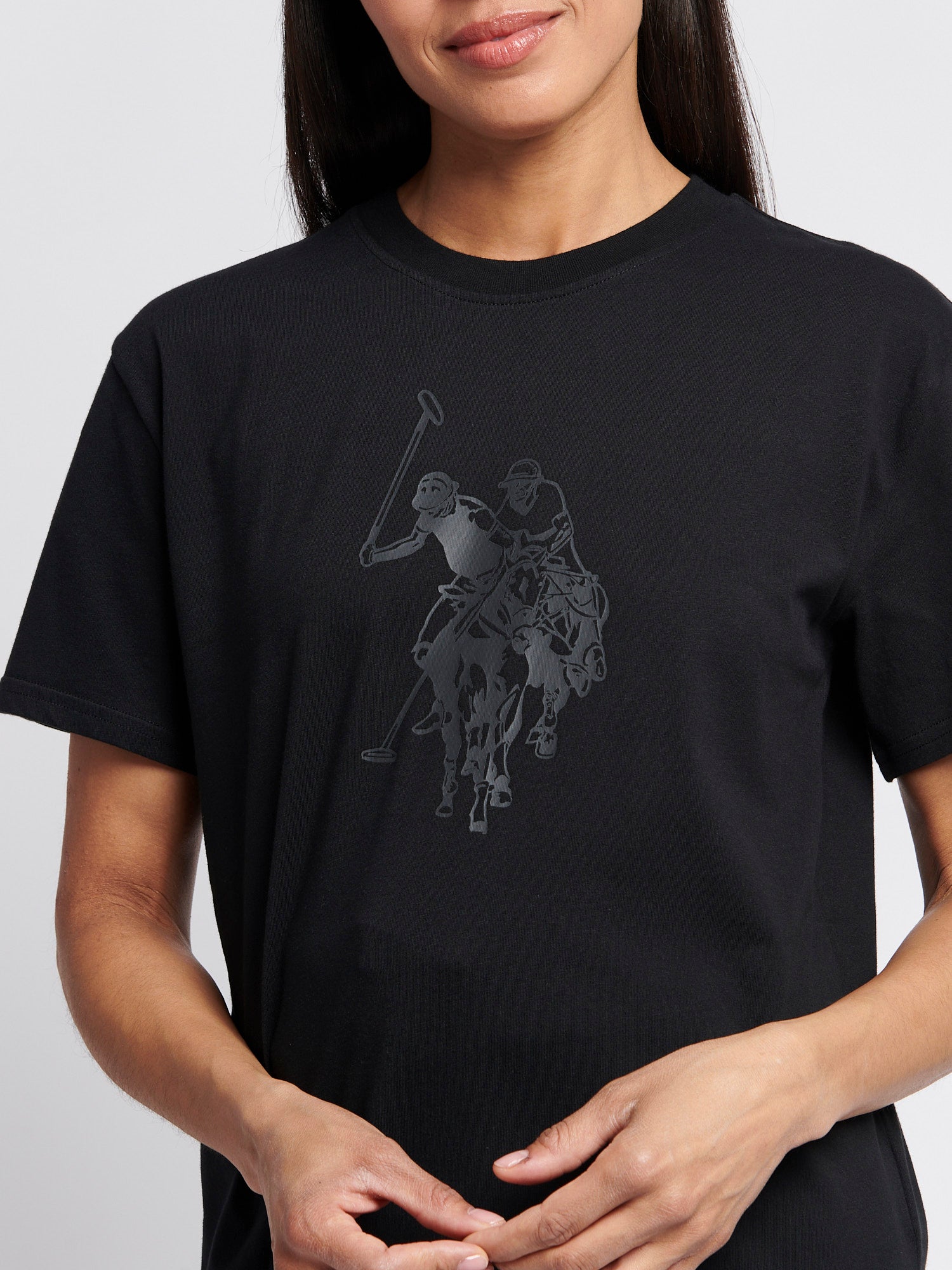 Womens Double Horsemen Print Crew Neck T-Shirt in Black