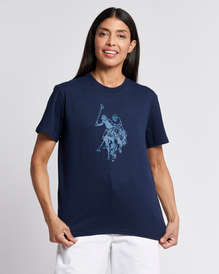 Womens Double Horsemen Print Crew Neck T-Shirt in Navy Iris