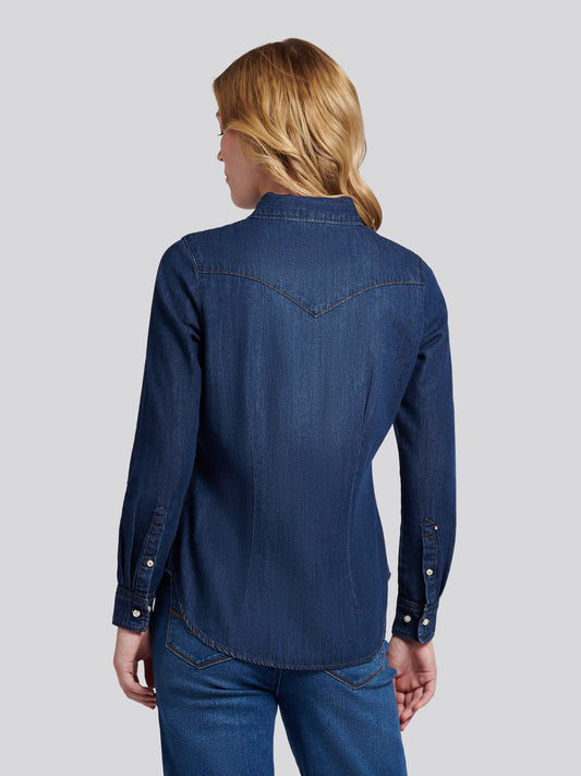Womens Denim Shirt in Dark Blue Wash