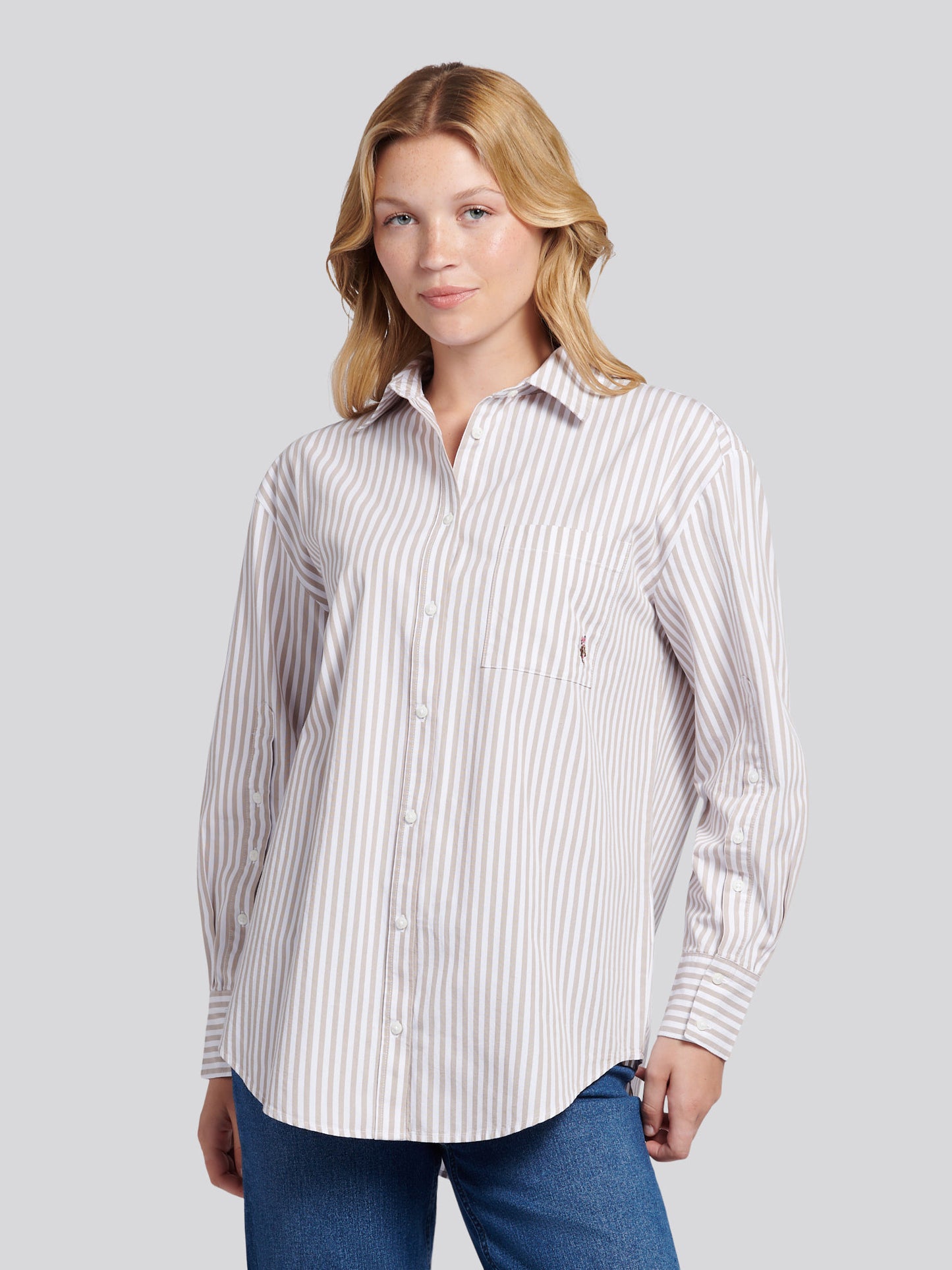 Womens Cotton Poplin Loose Fit Stripe Shirt in Atmosphere