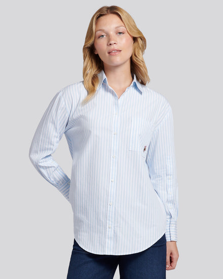 Womens Cotton Poplin Loose Fit Stripe Shirt in Windsurfer