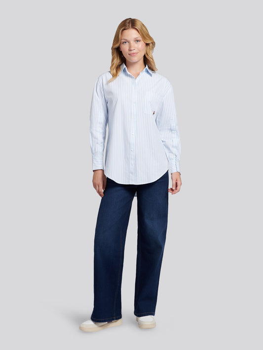 Womens Cotton Poplin Loose Fit Stripe Shirt in Windsurfer