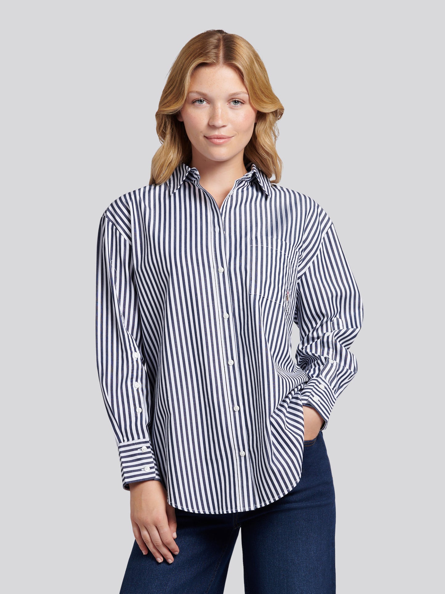 Womens Cotton Poplin Loose Fit Stripe Shirt in Navy Iris