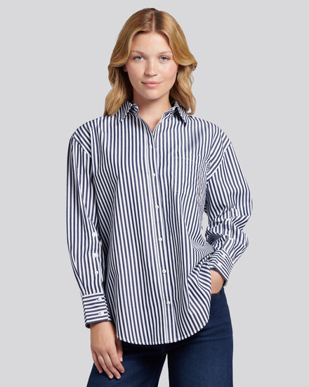 Womens Cotton Poplin Loose Fit Stripe Shirt in Navy Iris