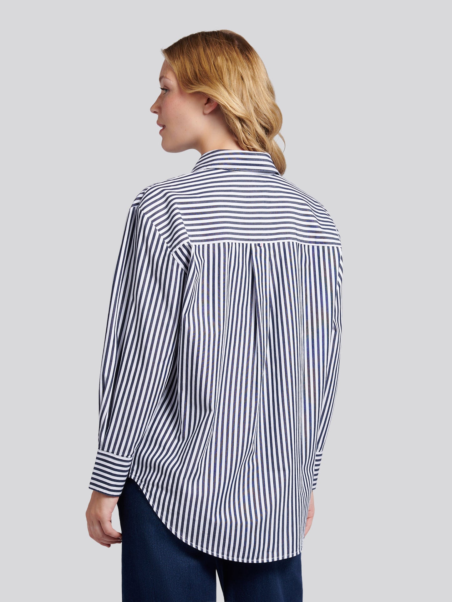 Womens Cotton Poplin Loose Fit Stripe Shirt in Navy Iris
