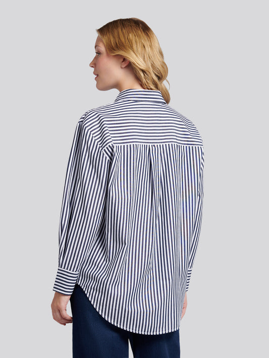 Womens Cotton Poplin Loose Fit Stripe Shirt in Navy Iris