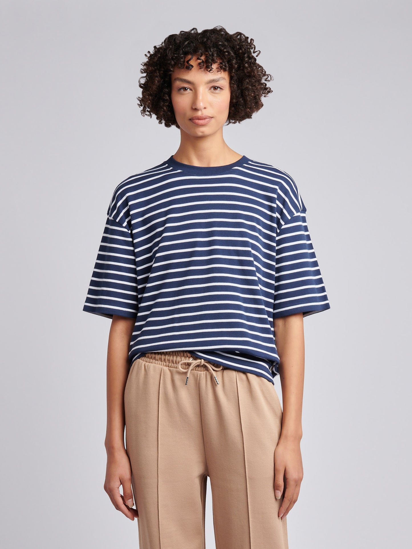 Womens Heavyweight Stripe Loose Crew Neck T-Shirt in Navy Iris