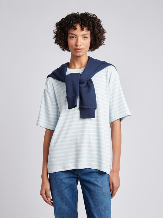 Womens Heavyweight Stripe Loose Crew Neck T-Shirt in Ballad Blue