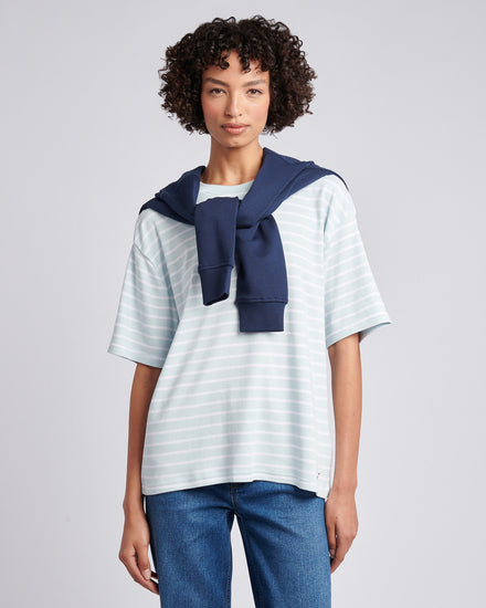 Womens Heavyweight Stripe Loose Crew Neck T-Shirt in Ballad Blue