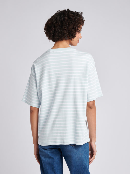 Womens Heavyweight Stripe Loose Crew Neck T-Shirt in Ballad Blue