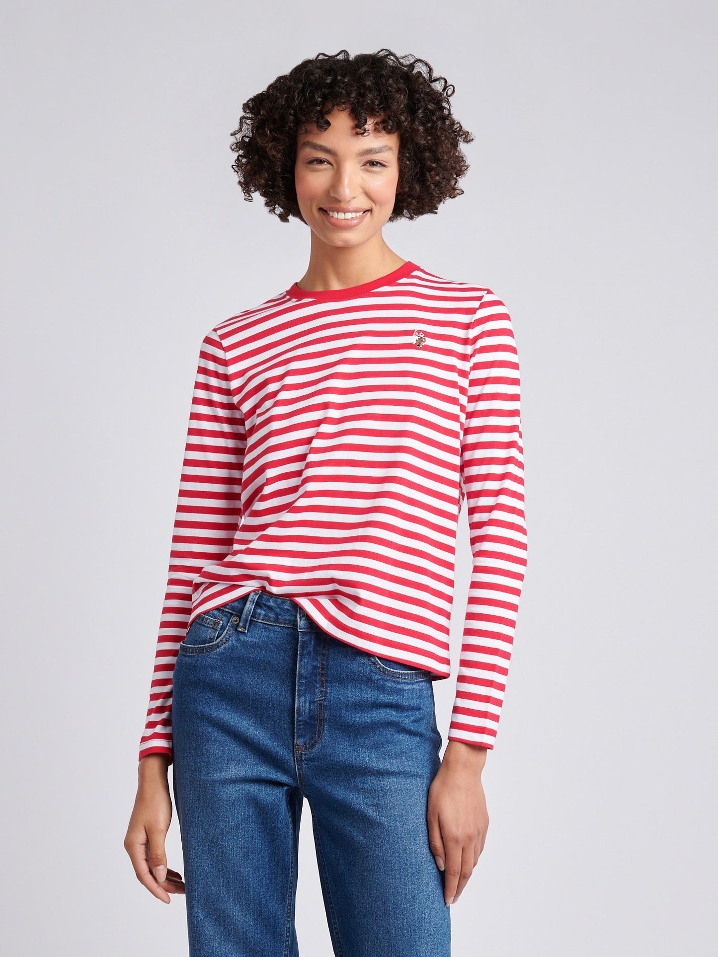 Womens Stripe Long Sleeve T-Shirt in Jalapeno Red