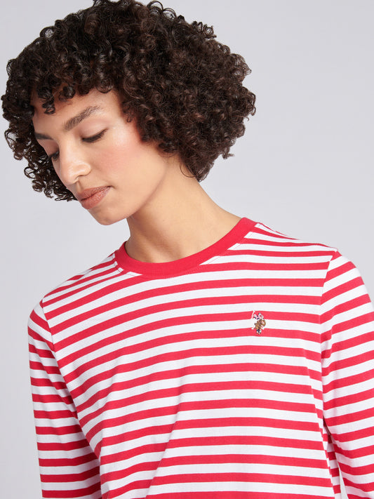 Womens Stripe Long Sleeve T-Shirt in Jalapeno Red