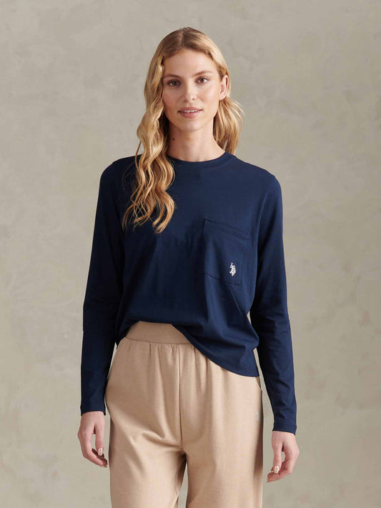 Womens Long Sleeve Pocket T-Shirt in Navy Iris
