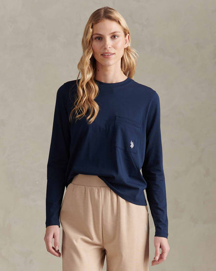 Womens Long Sleeve Pocket T-Shirt in Navy Iris