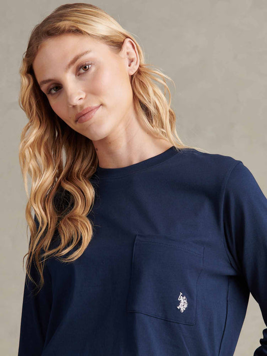 Womens Long Sleeve Pocket T-Shirt in Navy Iris