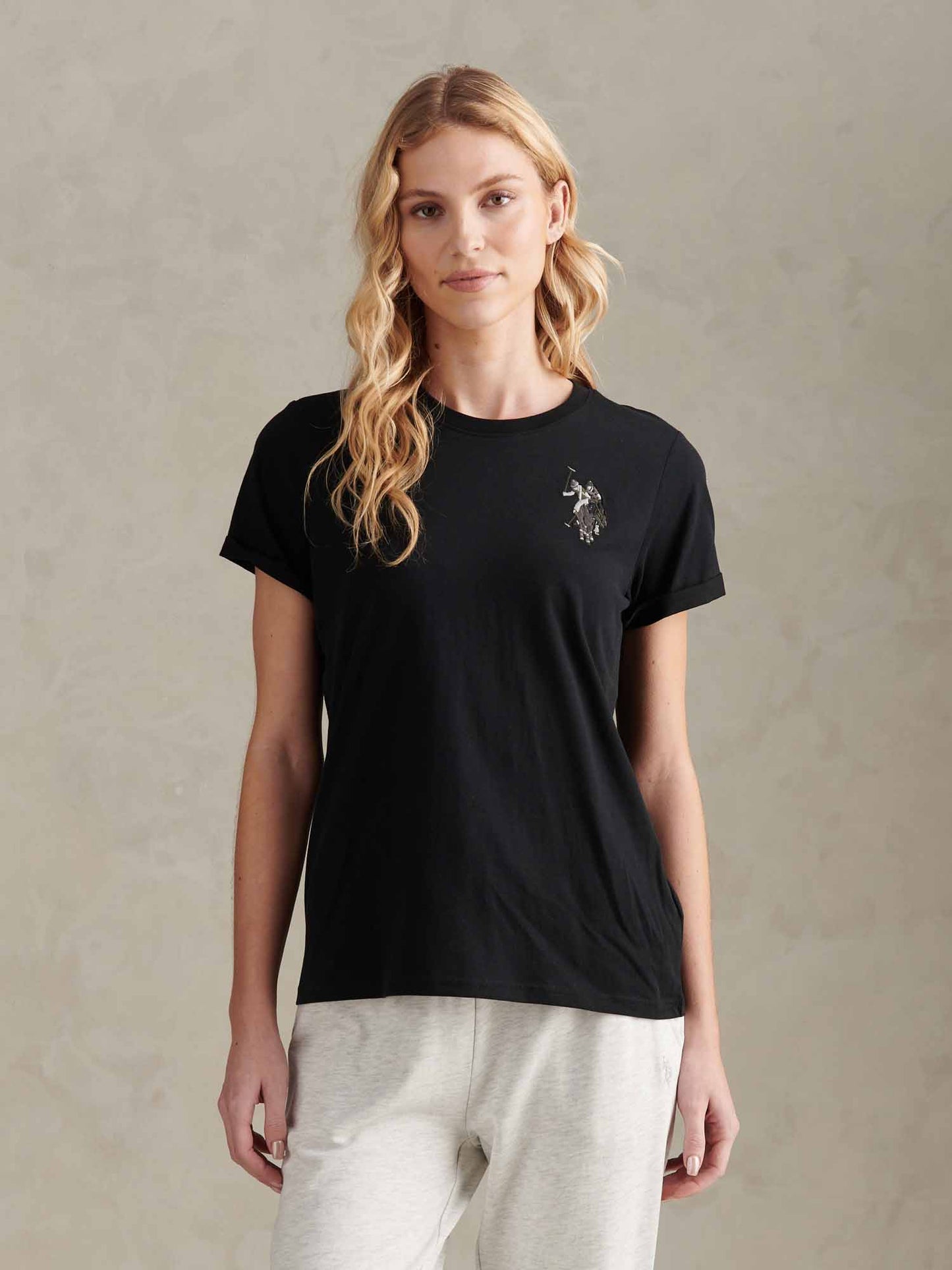 Womens Large Tonal Double Horsemen T-Shirt in Black