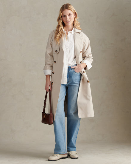 Womens Double Breasted Belted Trench Coat Pumice Stone