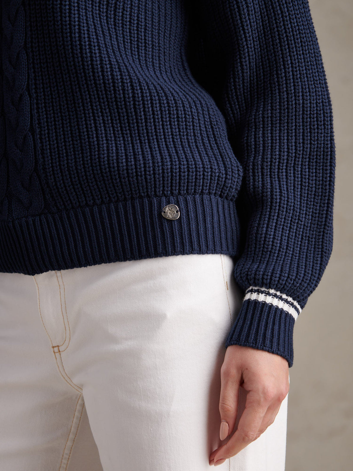 Womens Braid Cable Cricket Jumper Navy Iris