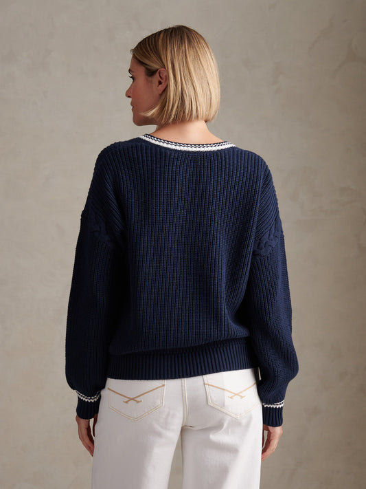 Womens Braid Cable Cricket Jumper Navy Iris