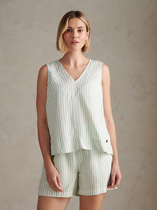 Womens Linen Blend Stripe V-Neck Shell Top Misty Jade