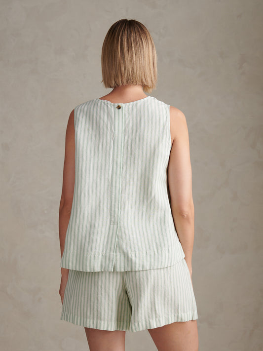 Womens Linen Blend Stripe V-Neck Shell Top Misty Jade
