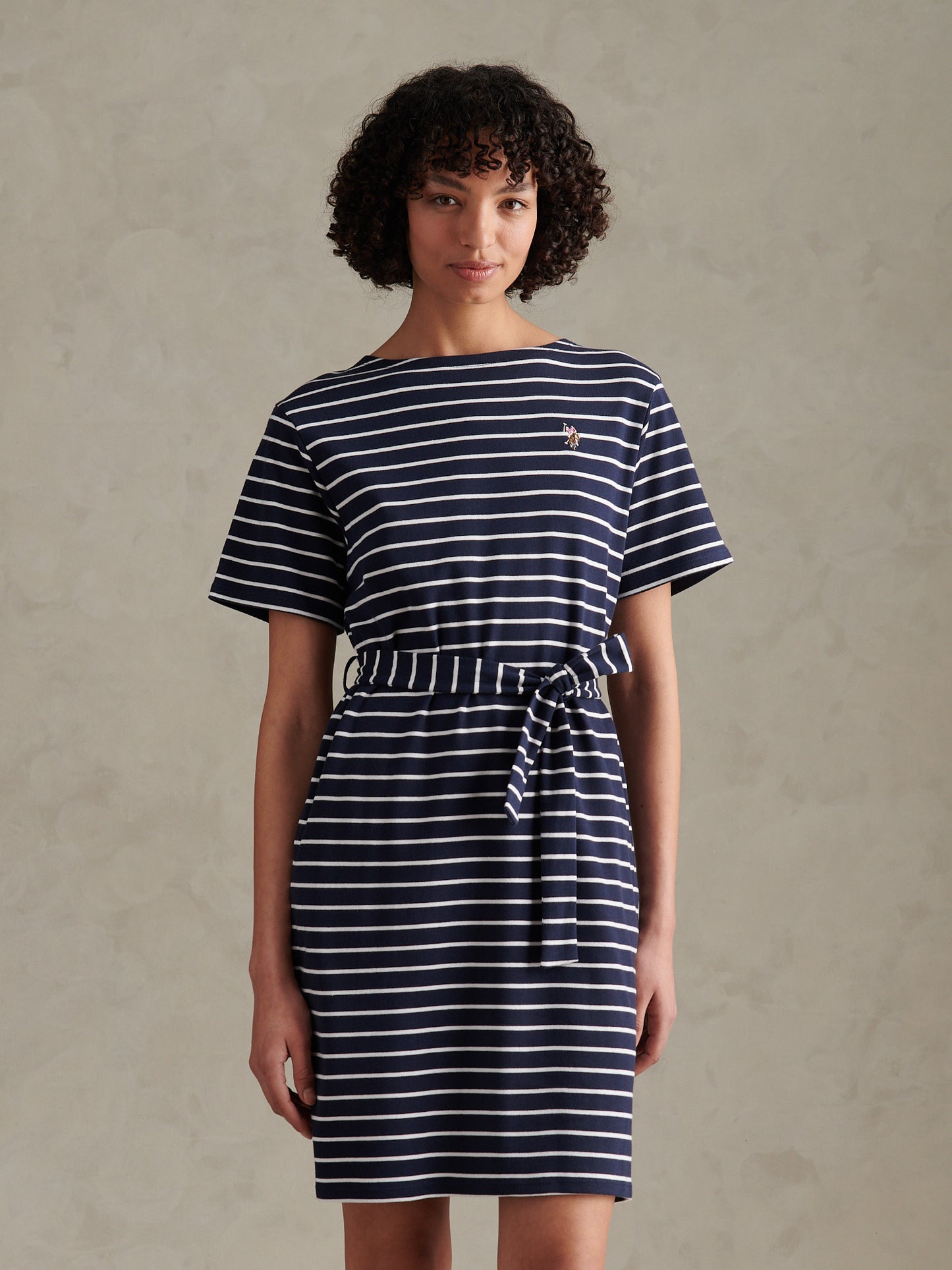 Womens Stripe Belted Boat Neck Midi Dress Navy Iris