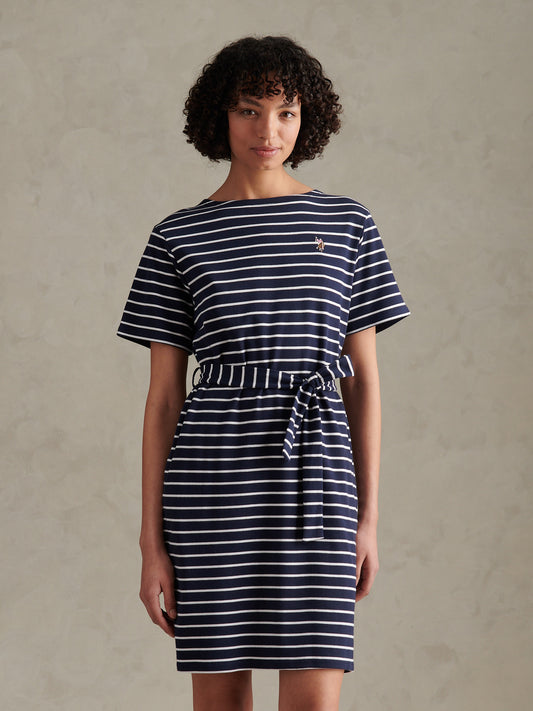 Womens Stripe Belted Boat Neck Midi Dress Navy Iris