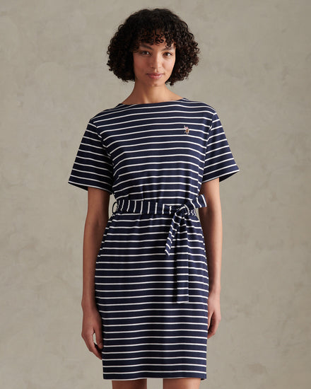 Womens Stripe Belted Boat Neck Midi Dress Navy Iris